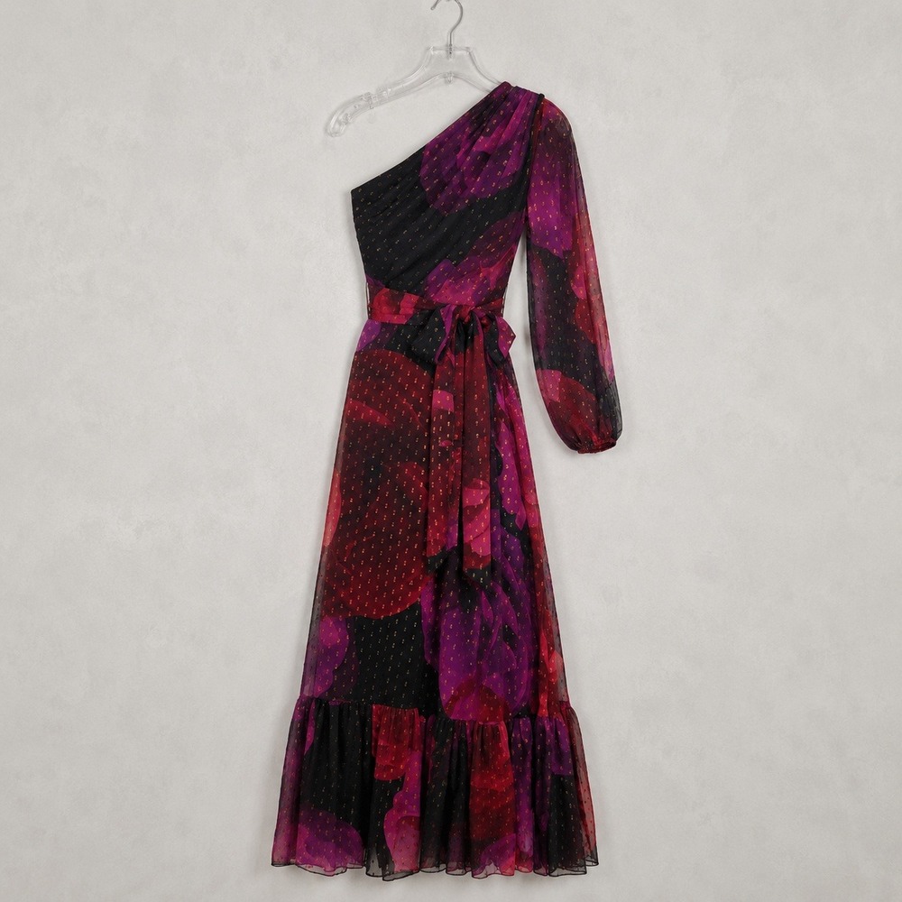 Taylor One Shoulder Floral Maxi Dress Womens 2 Black Pink Metallic Clip Dot - Picture 1 of 10